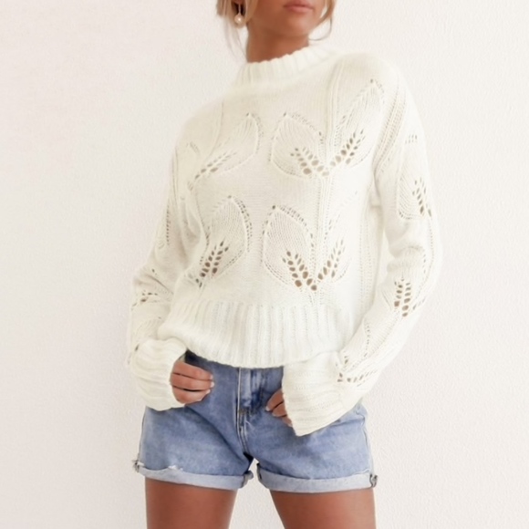 Eyelet Leaves Knit White Pullover Sweater - Picture 4 of 8